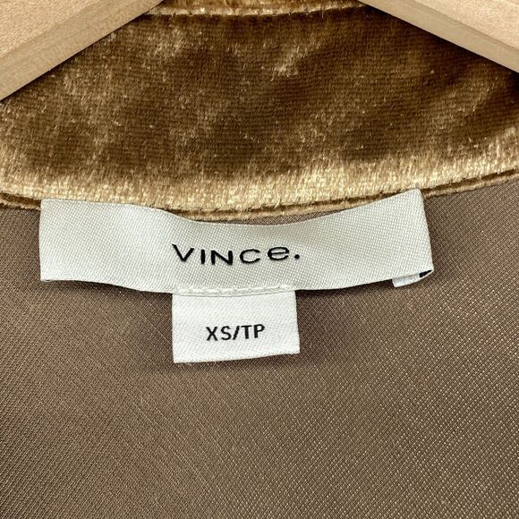 VINCE Top Womens XS Shiny Silk Velvet Shirt Button Front Long Sleeve Gold - Picture 9 of 13